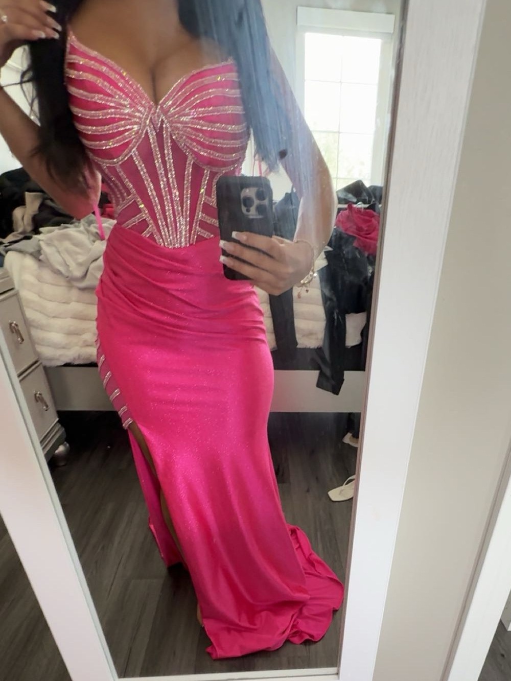 Elegant Fuchsia Evening Gown with Beaded Bodice